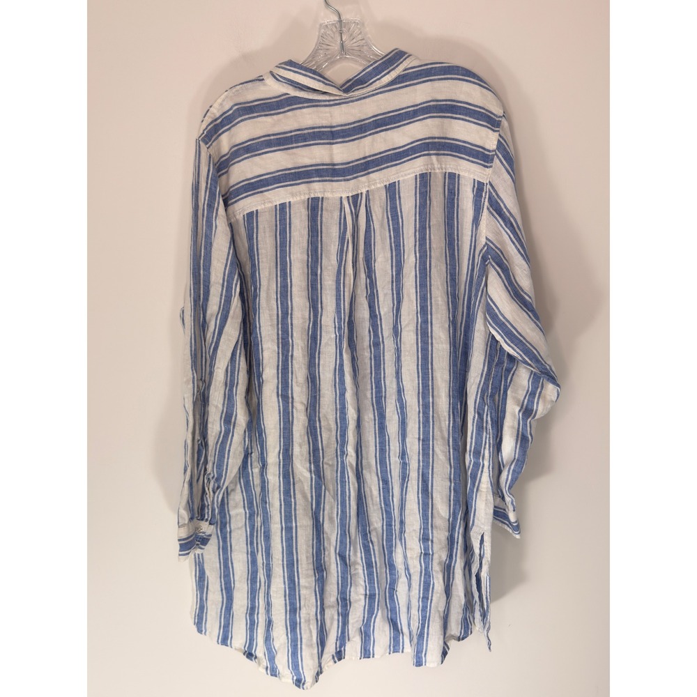 Tahari Linen Button Up Blouse Lagenlook Plus Blue White Striped Coastal 2X‎ - Picture 11 of 14